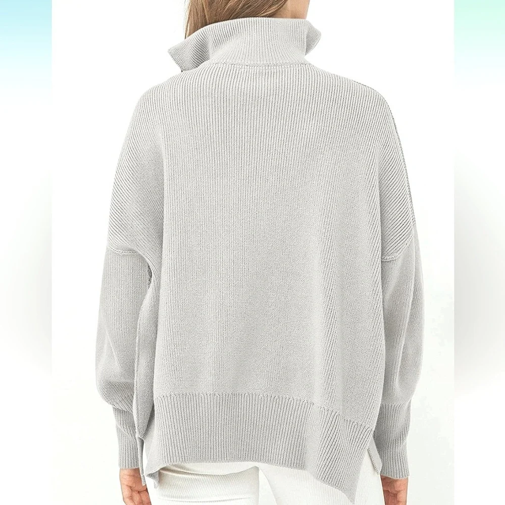 Long Sleeve 1/4 Zipper Collar Drop Shoulder Oversized Slouchy Sweater with Slit - Picture 2 of 8